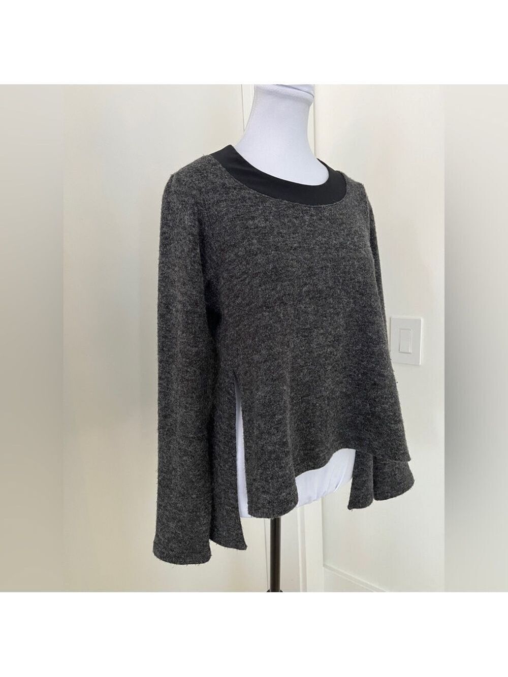 SYMPLI Sweater Fuzzy Long Sleeve Front Slits A-Line Hi Low Hem Lagenlook Artsy